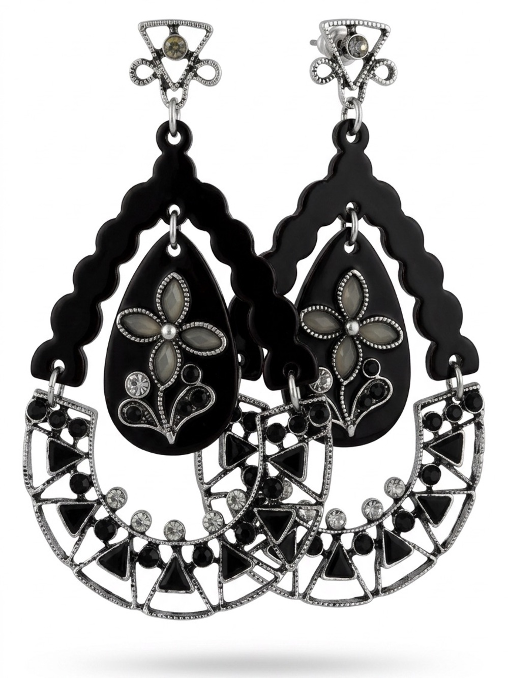 Gothic Black Flower rhinestone statement earrings